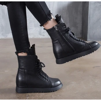 

Female Genuine Cow Leather Woman Lace-up Ankle Black Boots Camel Rubber Low Heels HeightHeight Increasing Riding Normal Size 19