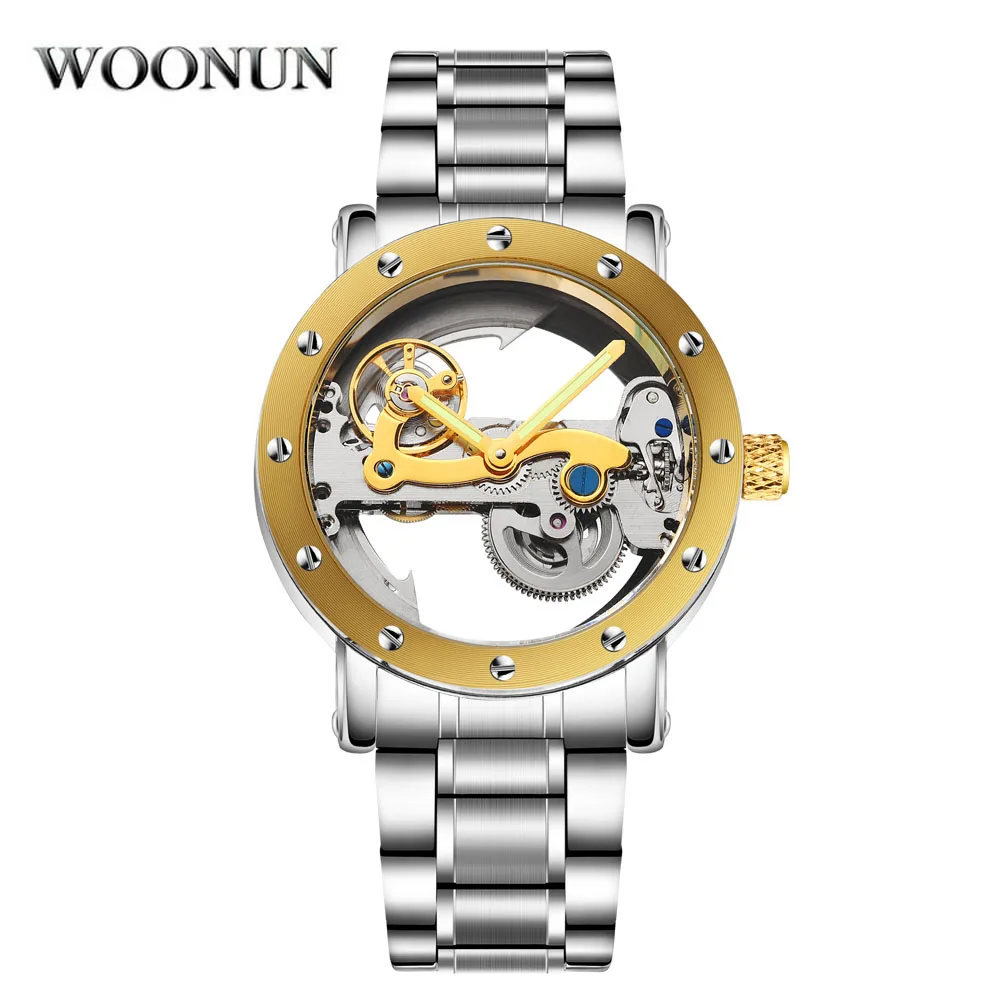 WOONUN الفاخرة للماء للصدمات ساعة شفافة الهيكل العظمي التلقائية ساعات آلية الرجال الصلب الكامل Relogio Masculino