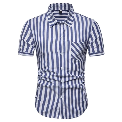 blue High quality men's shirt striped short-sleeved turn-down collar casual shirts simple tide to take the youth men shirt - Color: blue