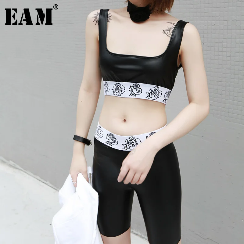 

[EAM] 2019 New Autumn Winter Square Collar Sleeveless Pattern Printed Pu Leather Loose Pants Two Piece Suit Women Fashion JU696