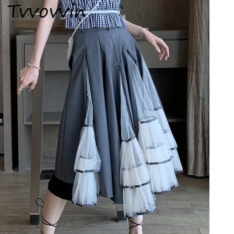 

TVVOVIVN 2019 New Spring Summer High Elastic Waist Gray Pleated Hit Color Split Joint Half-body Skirt Women Fashion Tide V805