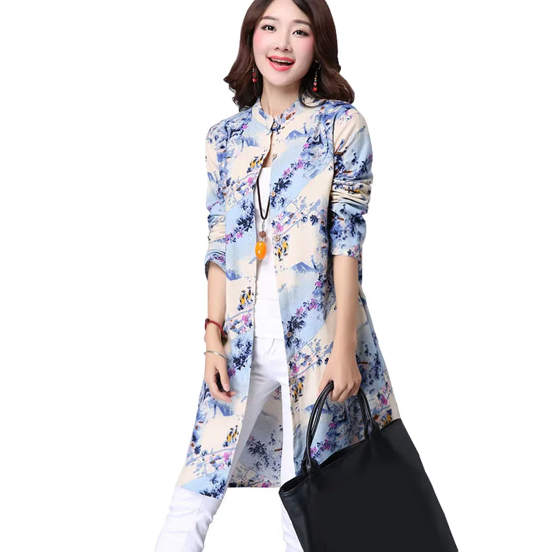 Autumn Full Sleeve Blouse Womens Cotton Linen Floral Long Shirt Blouses Casual Loose Ladies Tops Camisas
