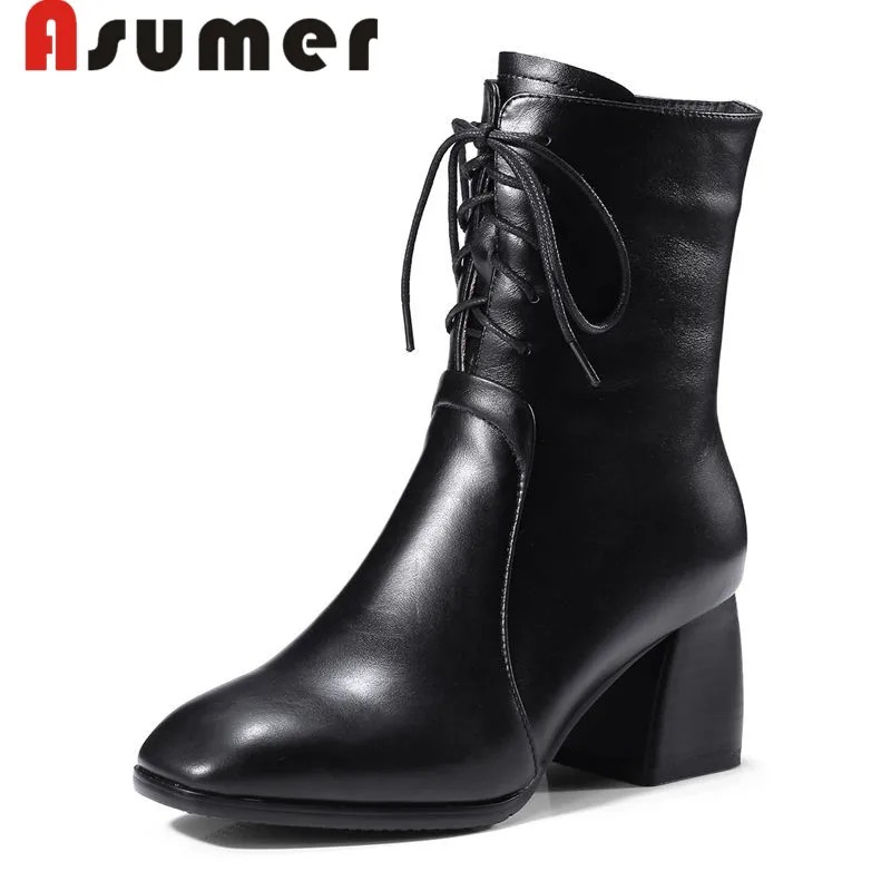 

ASUMER 2020 adult fashion winter boots simple square toe ankle boots for women high quality thick heels genuine leather boots