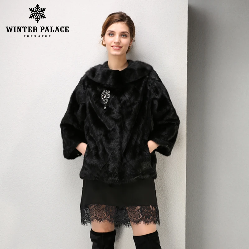 Модные короткие женские кожаные норки пальто с мехом декоративные цветы на груди