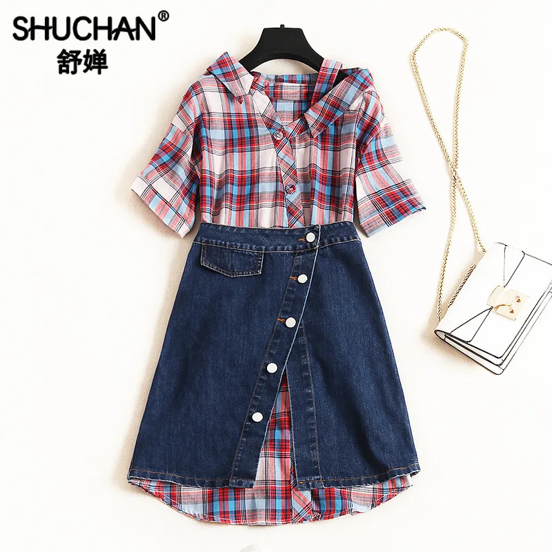 

Shuchan Casual Cotton Womens Two Piece Sets 2019 Single Breasted Plaid Shirt Dress+denim Skirts Fashion High Quality 11973