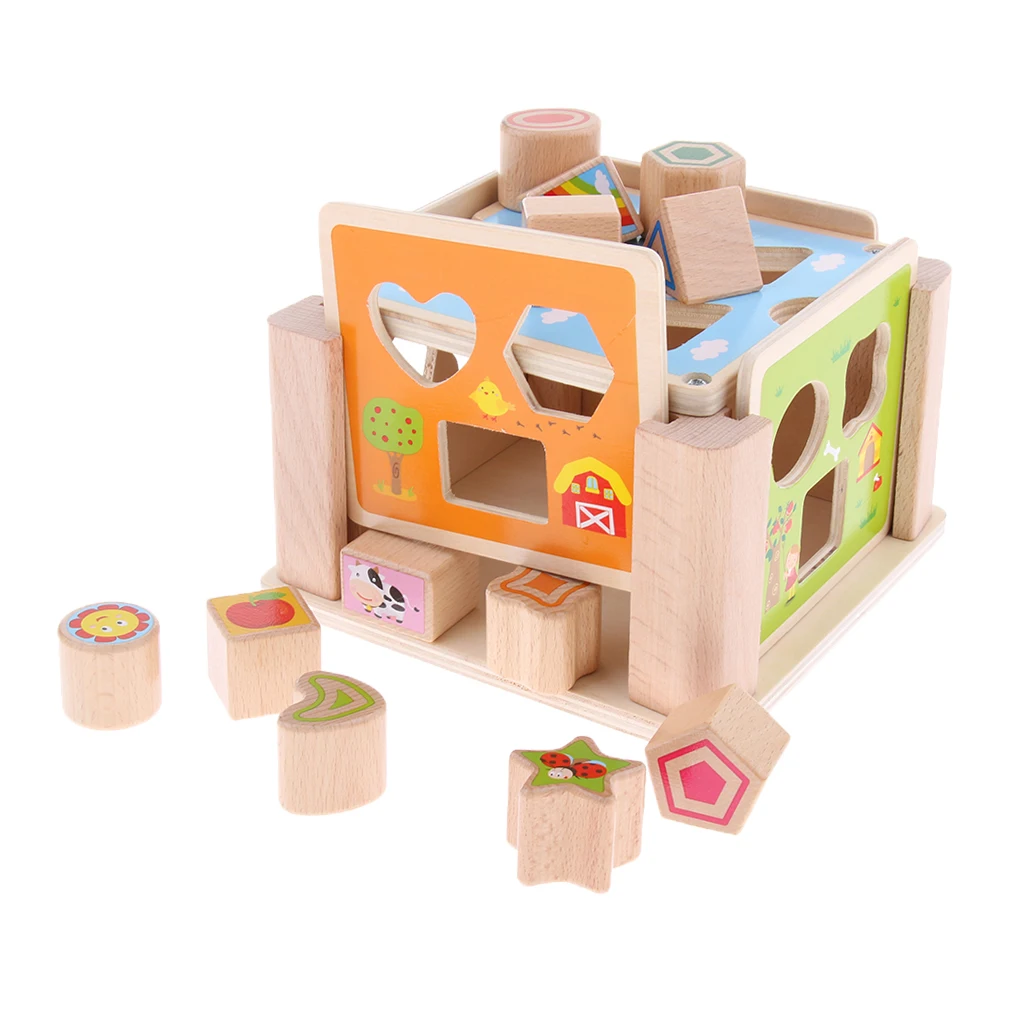 Wooden Shape Sorting Box - Baby Geometric Building Block & Teaching Clock Toys Early Geometric Shapes Cognitive Learning