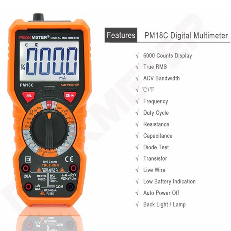 PEAKMETER Цифровой мультиметр измерения Напряжение Ток Сопротивление Емкость Частота Температура hFE НТС живой линии тестер