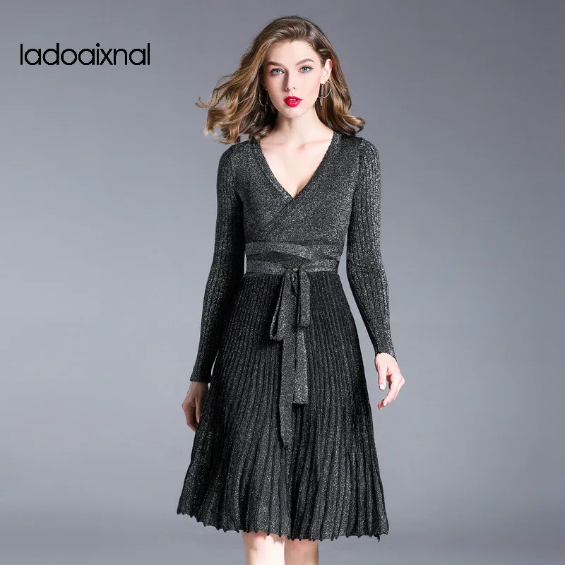Iadoaixnal High quality fashion black sweater A line women dress V neck elegant fashion casual knitted