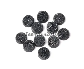 

14mm Jet Black (No Hole) Druzy Quartz Ag-ate Flat Back Connector Round Cabochon Beads Jewelry 10 Pcs /Pack