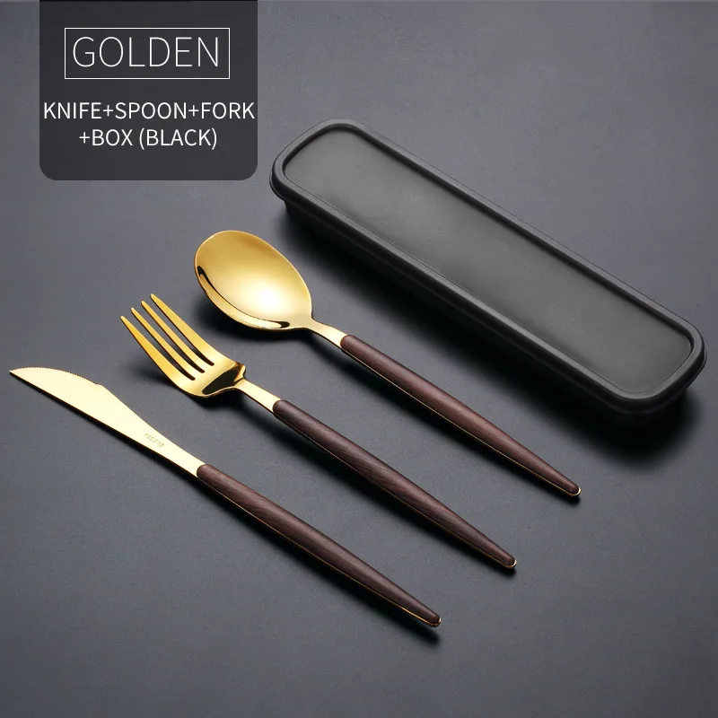 Gold 3 Pcs And Box WORTHBUY Западный Золотой набор столовых приборов 304 столовые приборы из нержавеющей стали кухонный нож ложка Вилка для обеда набор портативной походной посуды - Цвет: Gold 3 Pcs And Box
