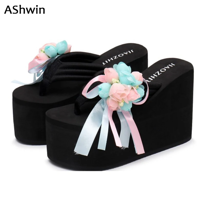 

AShwin super high flip flops flower sandals women summer shoes heels sweet thong slipper wedge platform hawaiian beach slippers