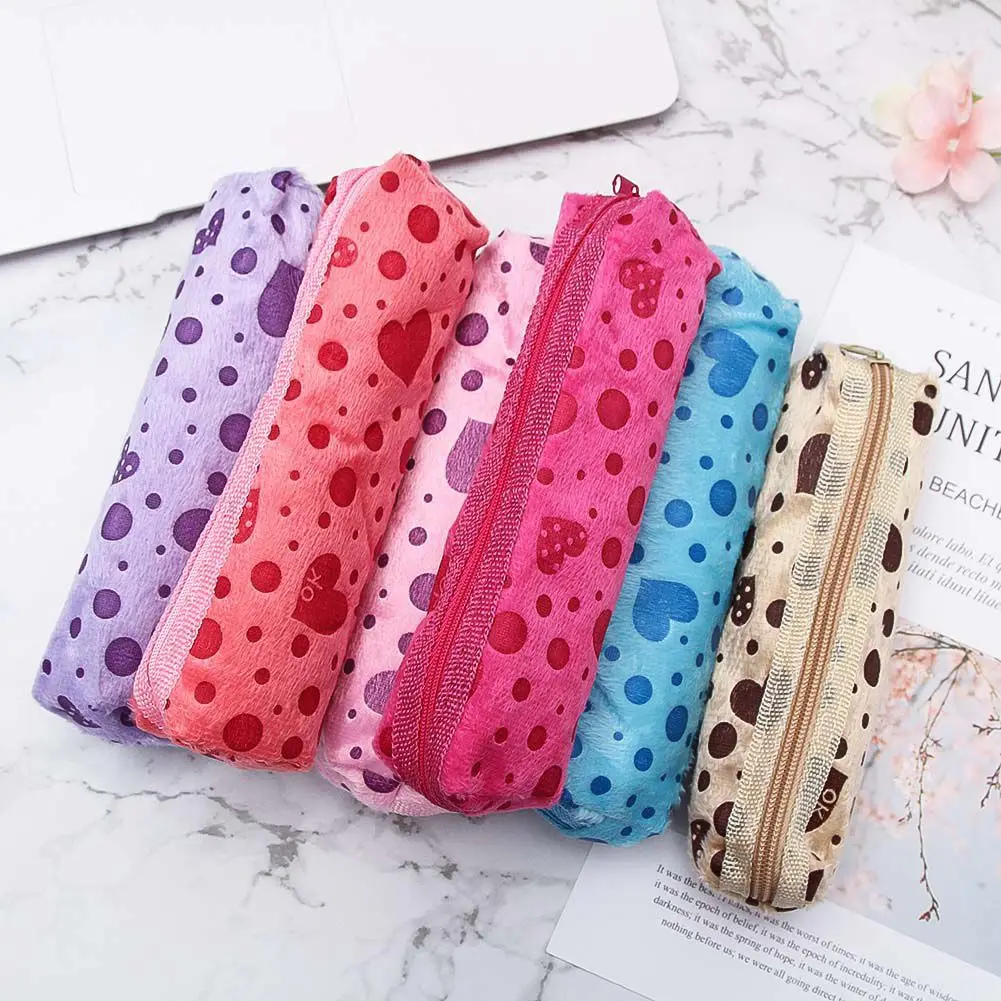 

1PC Candy Colors Cosmetic Case Dot Heart Printed Velvet Cute Cosmetic Bags Long Makeup Case Girl Female Zipper Pencil Bags