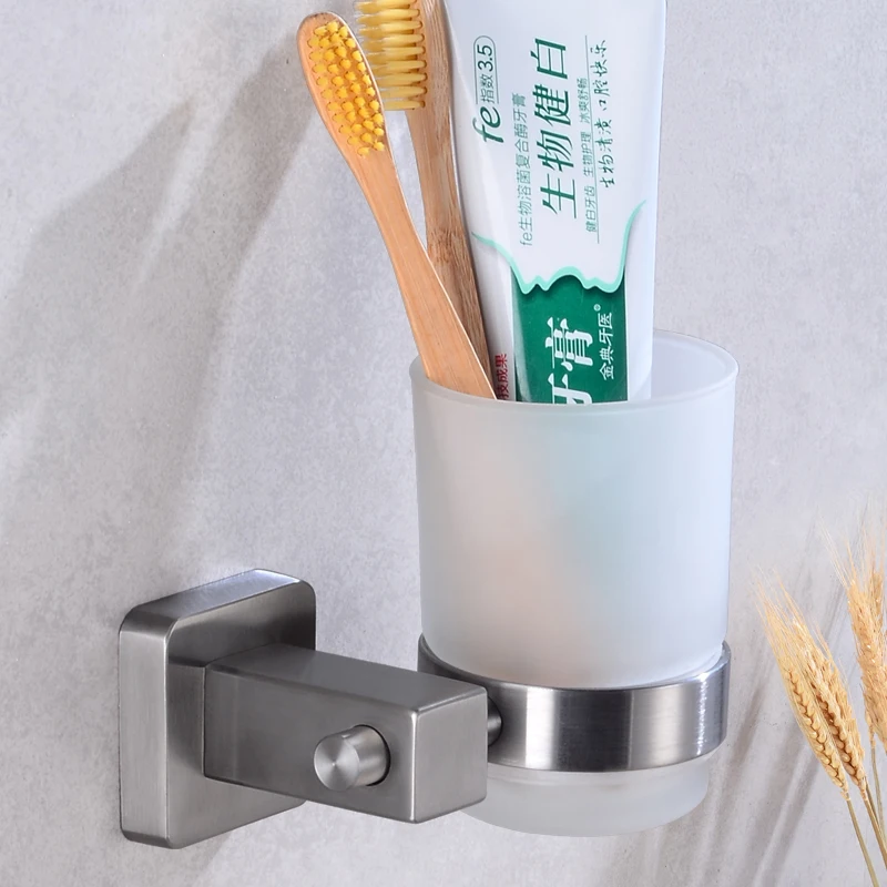 Stainless Steel Cup Tumbler Holders Glass Cup Wall Mounted Toothbrush Tooth Cup Holders Set Storage Shelf Bathroom Accessories