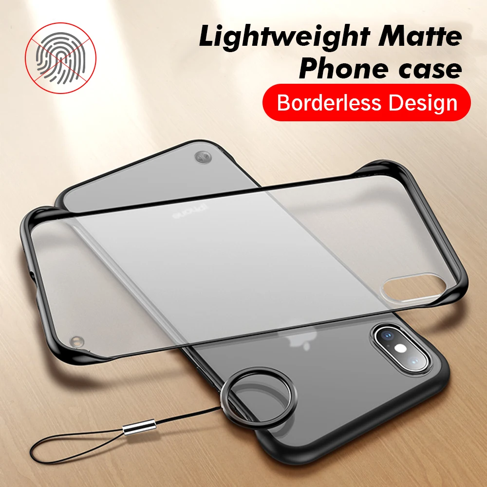 

Frameless Case For iPhone 7 8 6 6S Plus Case Transparent Matte Hard Phone Cover For iPhone X XR XS Max XR With Finger Ring Cases