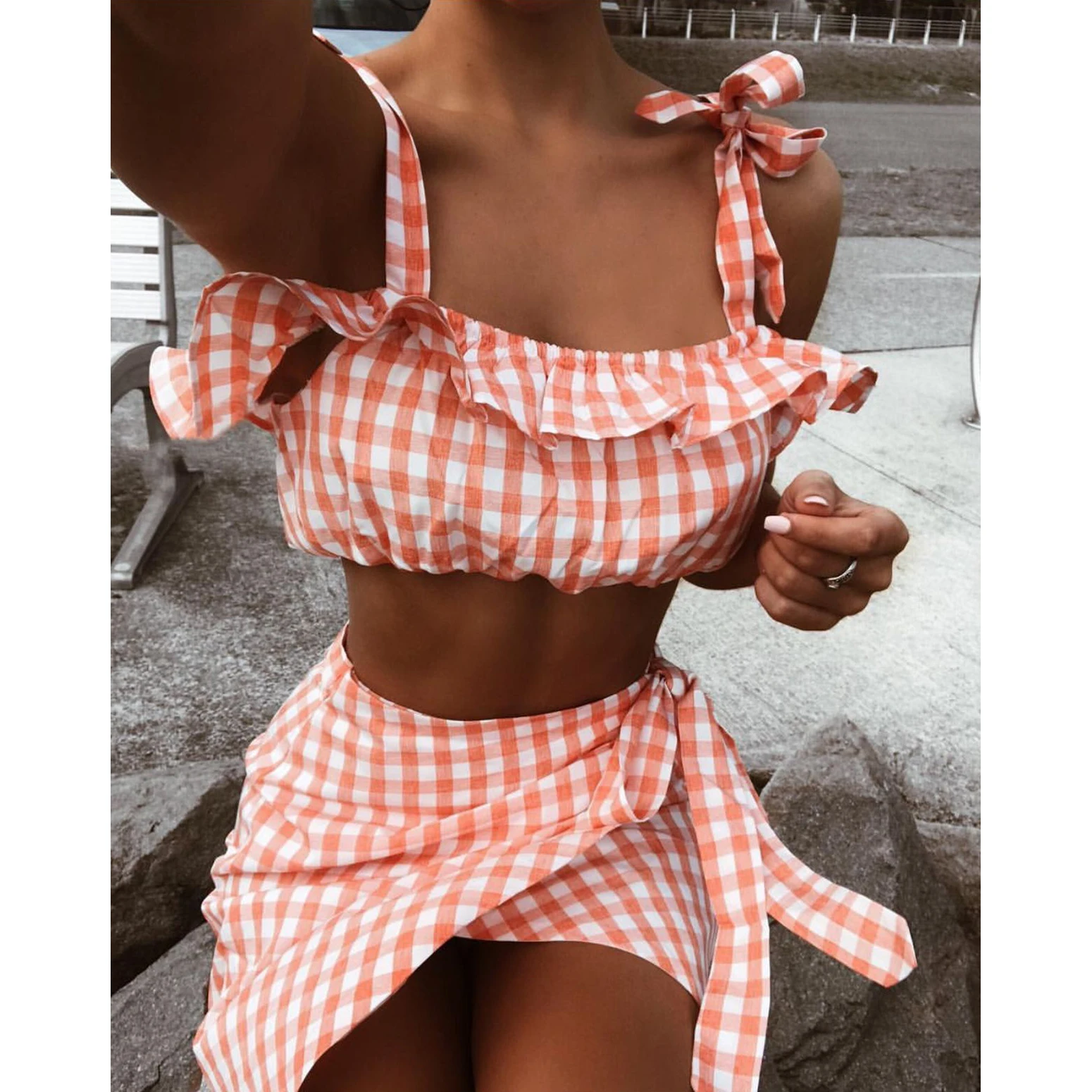 

Fashion Two piece set Women Boho Summer Beach checkerboard gingham Crop Top Party Short Mini Skirts Casual 2 piece set