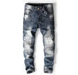 Новый В европейском и американском стиле Лоскутная Мужчины Мода джинсы мужские молния сращены джинсы Прямые Тонкий Мужчины синие брюки