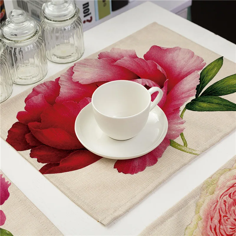 Europe 42x32cm Linen Placemat Painted Rose Printed Western Table Mat Wine Coaster Kitchen Drawer Dinning Bowl Pad Mat