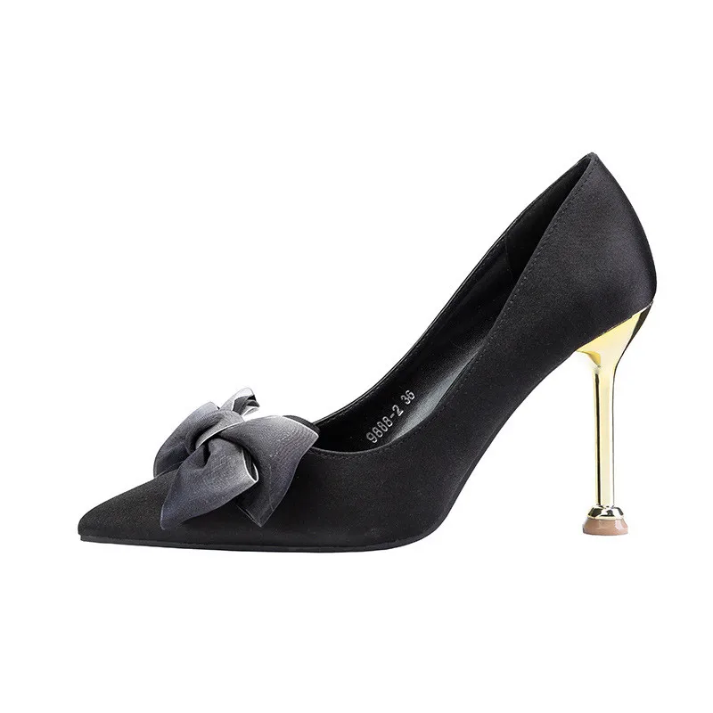 

2019 spring and autumn new sexy pointed sexy stiletto bow professional ol women's shoes black ljj 0510