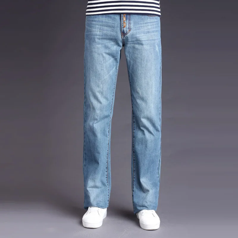 Mens Business Casual Blue Flare Jeans Male Solid Blue Cotton Bell
