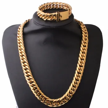 

Bracelet(8-10")&Necklace(20-30") Jewelry Sets Gold Color Curb Link Chain Men's Stainless Steel 16mm Wide Cuban Chain