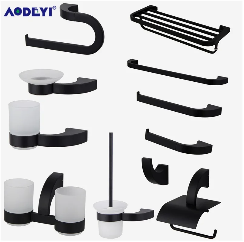 

AODEYI Black Bathroom Accessories Robe Hook Towel Bar Ring Paper Holder Soap Dish Toilet Brush Holder Bath Hardware Kit Set