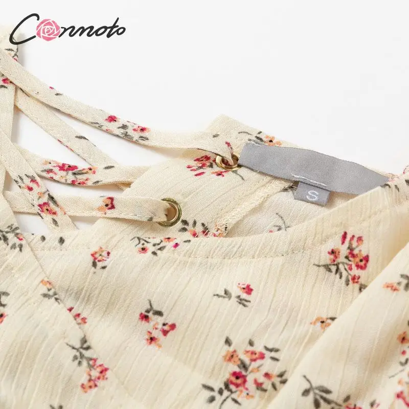 Conmoto Модные укороченные топы и блузки с цветочным принтом, винтажные женские рубашки и блузки с открытой спиной, блузка с v-образным вырезом, блузка со шнуровкой, лето