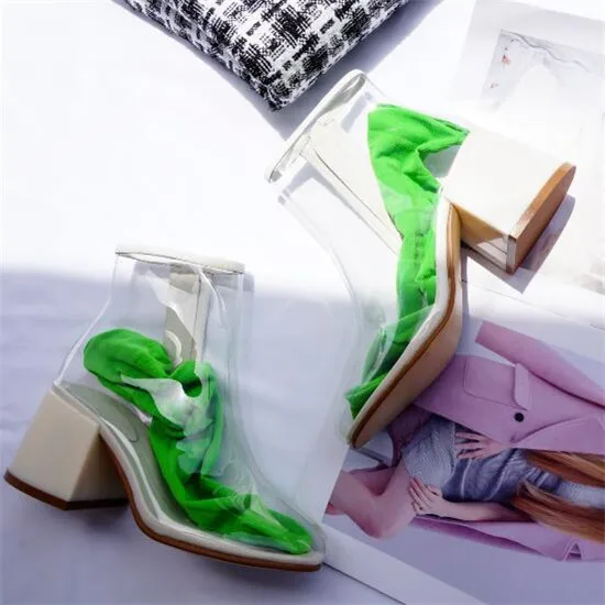 2018 Net Red Shoes Woman PVC Boots Women Ins Hot Transparent Candy Color Sock Ankle Boots Thick High Heel Rain Boots Botas Mujer (23)