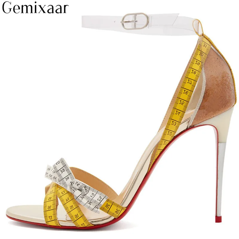 

Print Tape Measure Narrow Band Decor Bow-knot Women Shoes Round Toe Sandalias Mujer Novelty Pattern Thin High Heel Sandals Woman