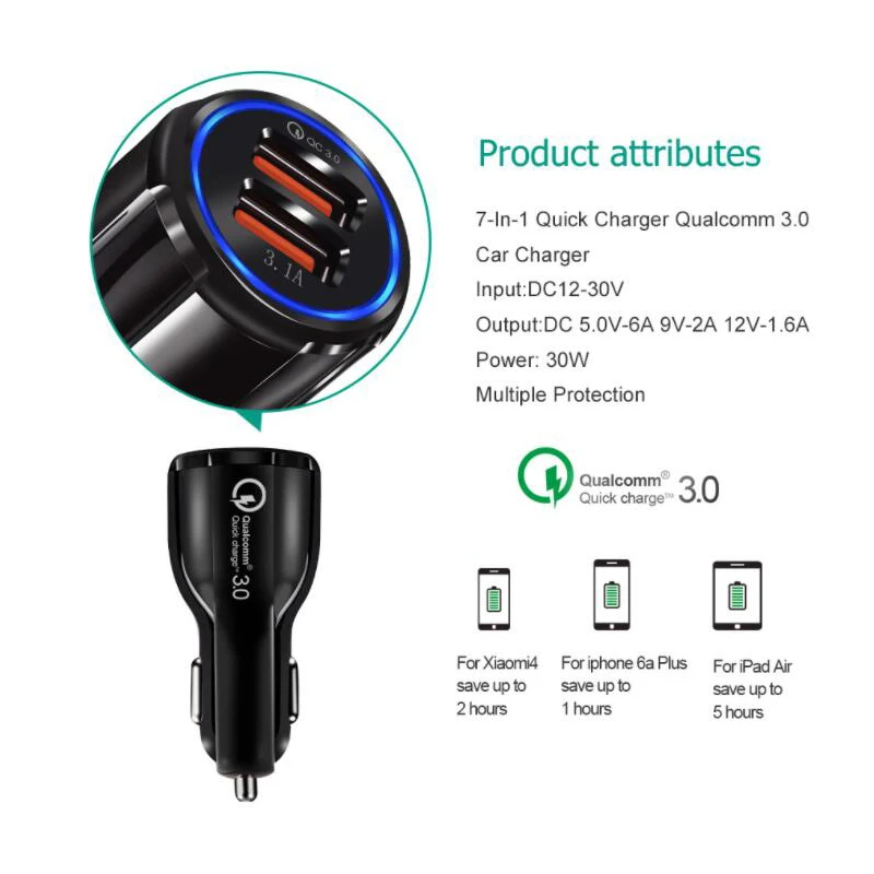 30W QC3.0 Quick Fast Car Charger for iPhone 8 Plus X XS MAX Dual USB Car Charger QC 3.0 for Samsung Xiaomi 2S Huawei Hornor Mate