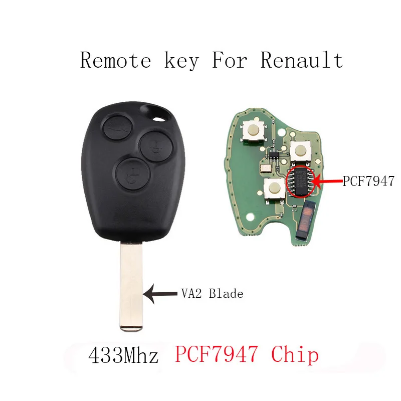 

3Buttons VA2 Balde Remote key For Renault Clio Scenic Kangoo Megane 433Mhz PCF7946/PCF7947 Chip optional Original Keys