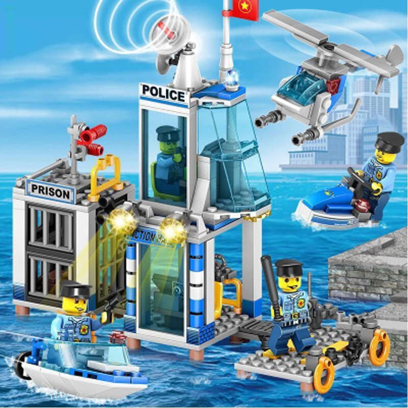 

4 in1 Police Station Set Model Building Blocks Playmobil Bricks DIY Blocks Compatible with LegoINGs Educational Toys