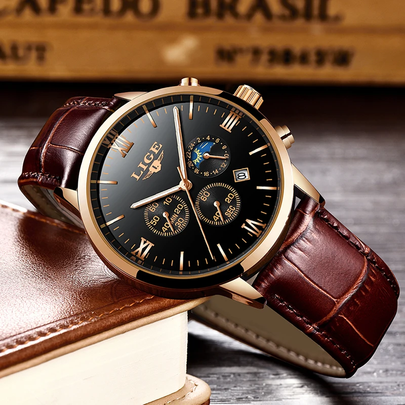 Мужские деловые часы Reloj de hombre LIGE модные кожаные светящиеся многофункциональные