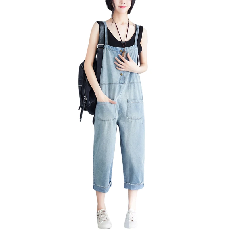 

Washed Denim Blue Women Overalls Jumpsuit Rompers Casual Loose Pocket Lady Overall Fashion Female Pants Plus Size 3XL