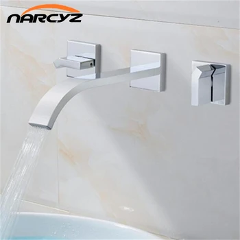 

Double Handles Wall Mounted solid brass Basin Vessel Sink Faucet Square Plate Spout Waterfall Bath Tub waterfall Faucet XR8220