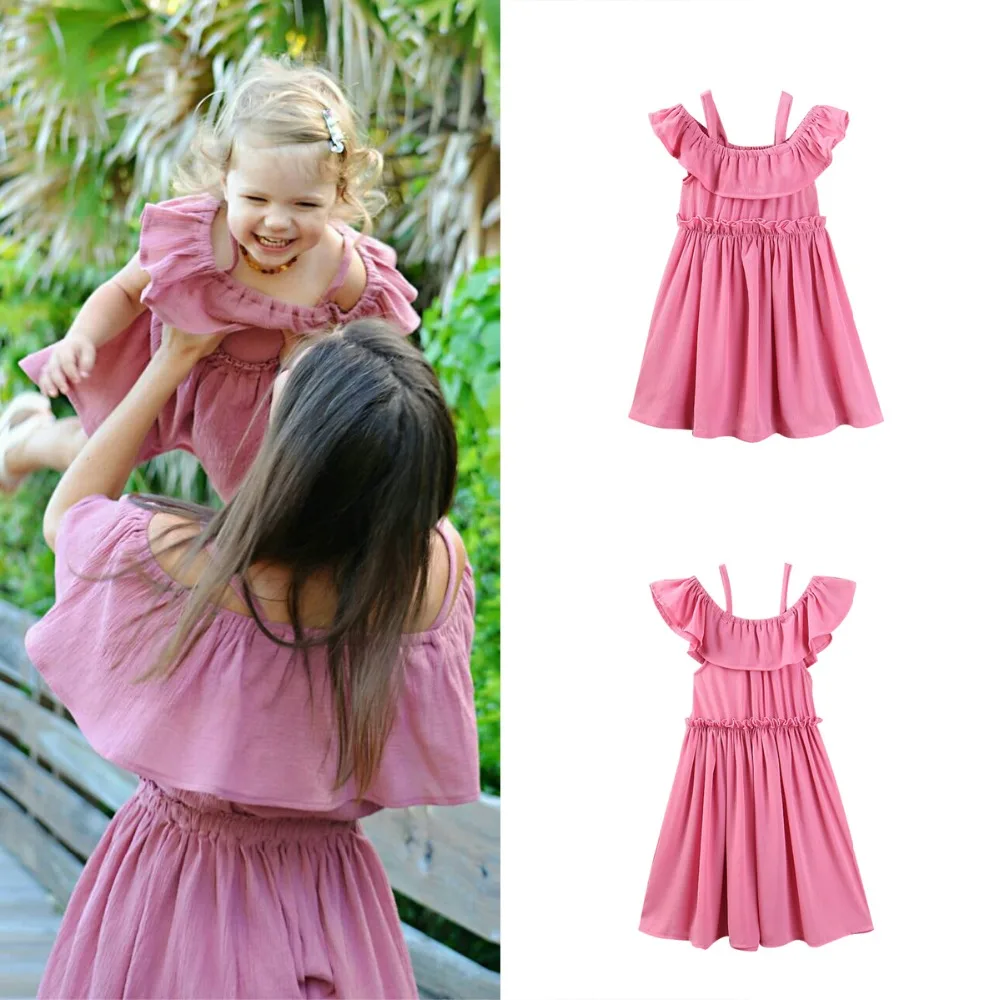 

Summer Casual Mother Daughter Dresses Family Matching Clothes Off Shoulder Ruffle Solid Pink Princess Dress Outfits Sundress
