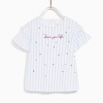 

Little Maven New Summer Kids Clothing Short O-neck White Blue Striped Letters Knitted Cotton Quality Girls Casual Tshirts Tee