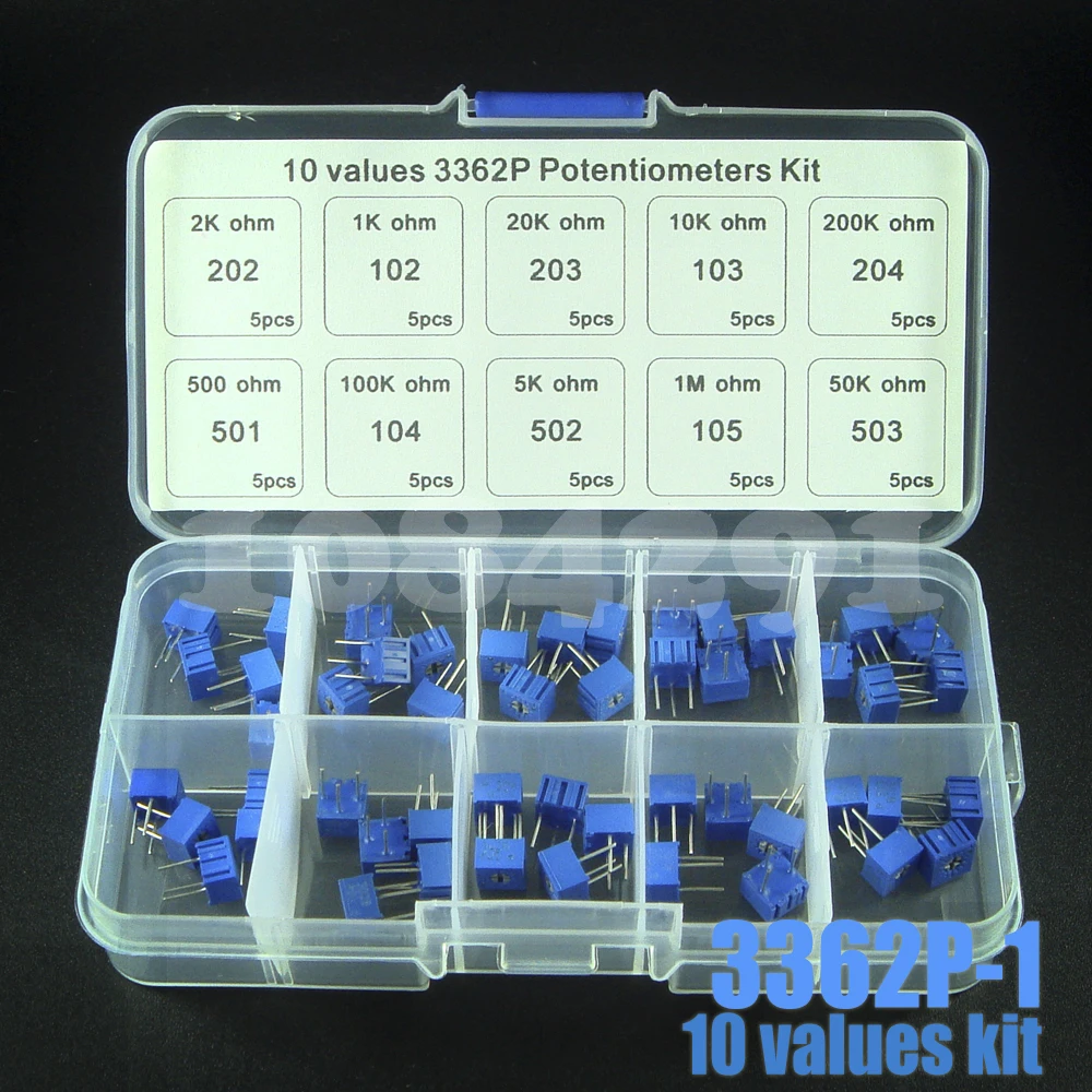 

50pcs/set 3362P Multiturn Trimmer Potentiometer Kit High Precision 3362 Variable Resistor 1K 10K 100K 1M 2K 20K 200K 500R 5K 50K
