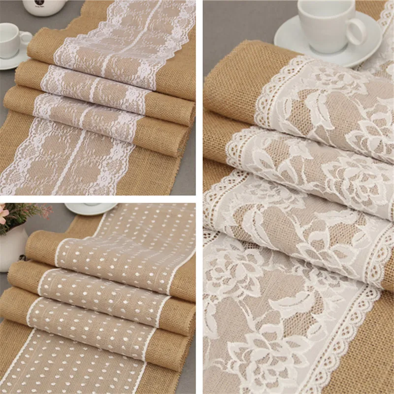 

Natural Jute Burlap Lace Patchwork Table Runner for Wedding Holiday DIY Decor Dry Flowers Gifts Packing Decoration