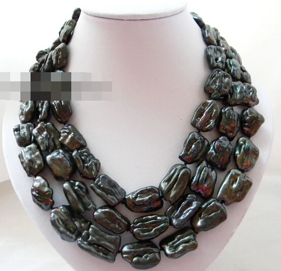 

0001502 3Strands 18'' 15mmx20mm Black Baroque Biwa Freshwater Pearl Necklace