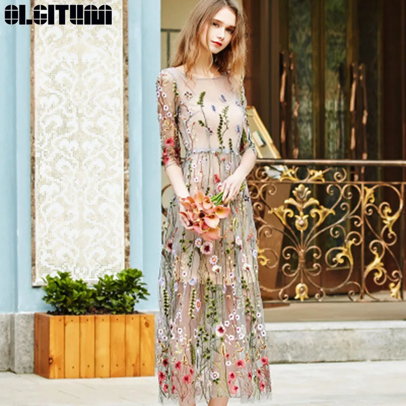 

OLGITUM Women Vestido Embroidery Party Dresses Runway Floral Bohemian Flower Embroidered 2 Pieces Vintage BohoMesh Dresses DR969
