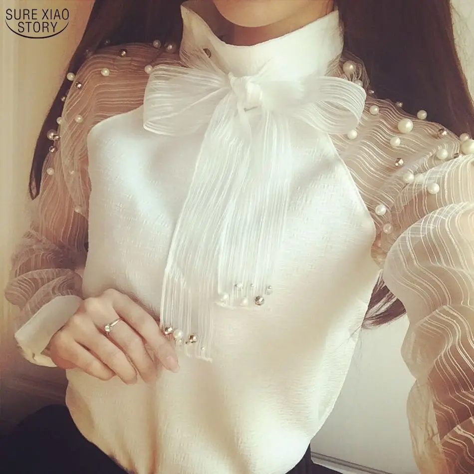 Новая модная летняя женская белая однотонная элегантная повседневная женская шифоновая рубашка с длинным рукавом Блузка кружевная женская одежда Топ 51C