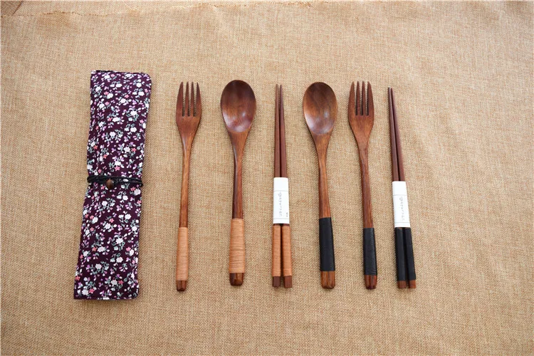 Японская натуральная деревянная посуда набор Бамбуковые Шпажки для ложки и палочек с тканевой упаковкой ресторан столовая посуда набор