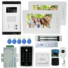 Nueva Conexión de Cable 7 ”Videoportero Intercom Timbre de 2 Pantallas de los Monitores + 1 Cámara Al Aire Libre + RFID de Control de Acceso teclado Para Apartamentos