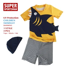 男の子漫画サメ水着子供ストライプ水泳パンツ子供水泳 UV Prodection 水着幼児水着セット(China)