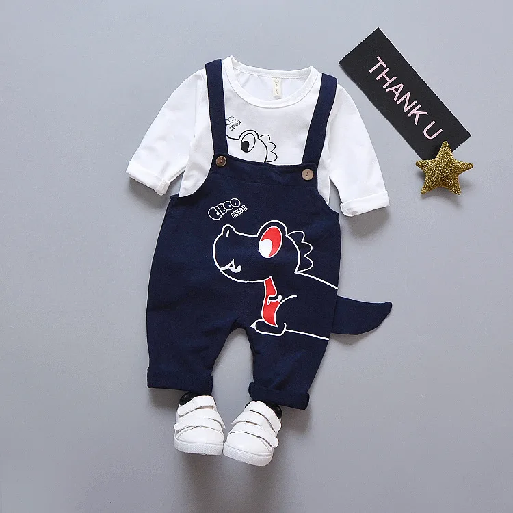 Одежда для маленьких мальчиков футболка с длинными рукавами и рисунком динозавра для новорожденных+ брюки на подтяжках комплекты одежды для малышей, костюм