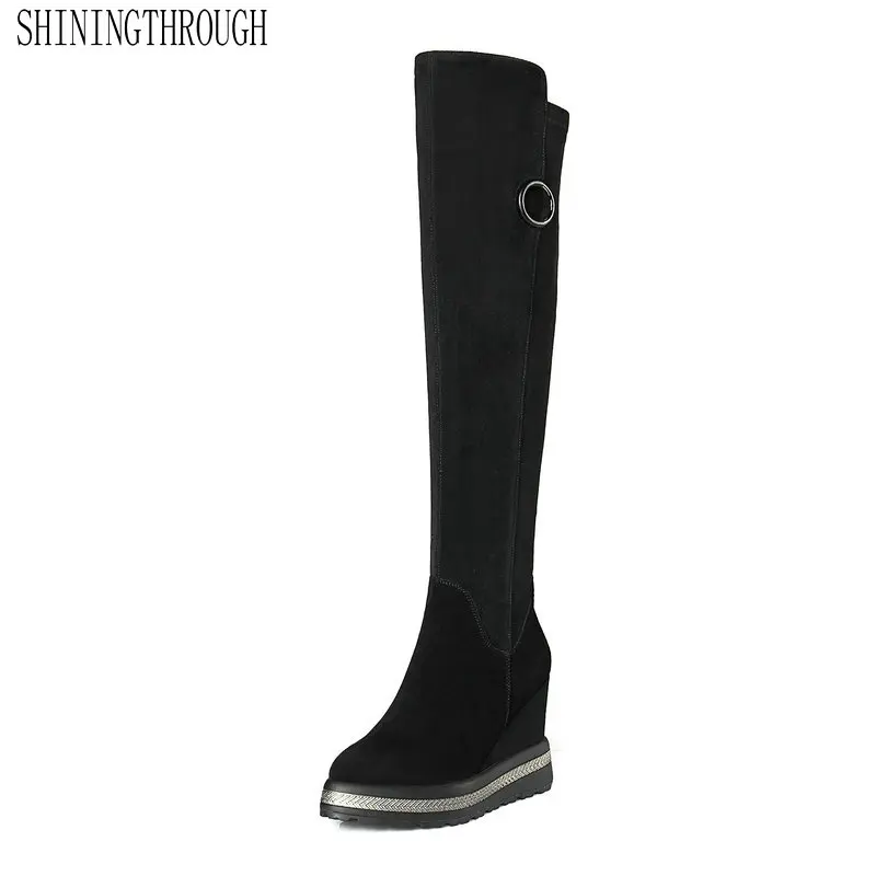 

Genuine Leather Fashion over thr Knee High Boots Wedge High Heel Winter Boots Zipper Casual Women Shoes Size 34-42