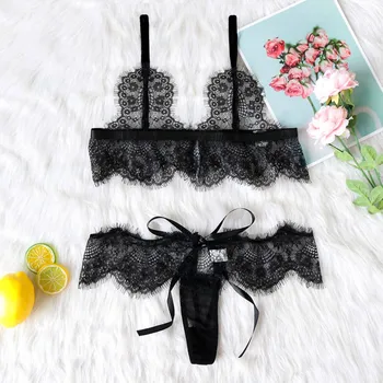 

Fashionable Women Plus Size Underwear Black Lingerie Bow G-String Set Sous Vetement Femme Sexy Ensemble Present for Girlfriend