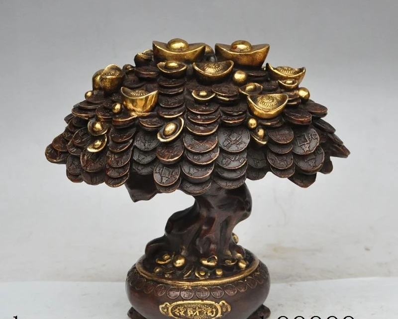 

9" china bronze gilt money coin ingot yuanbao tree wealth rich auspicious statue