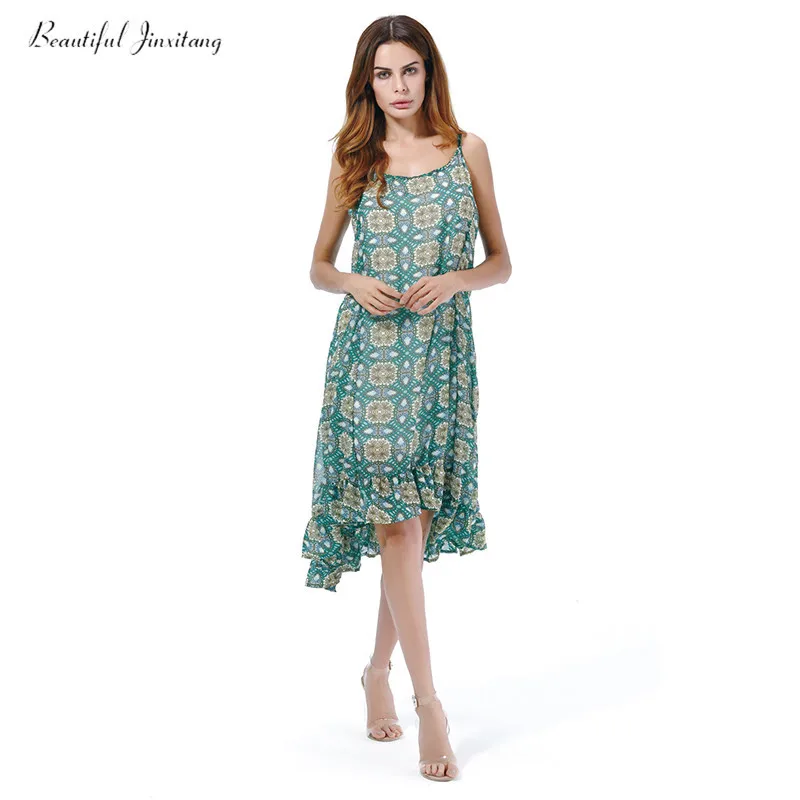 

Women Dresses Large Size Vintage Strap Green Summer Print Dress Asymmetrical O-neck 2018 Casual Beach Style Long Dresses 9033