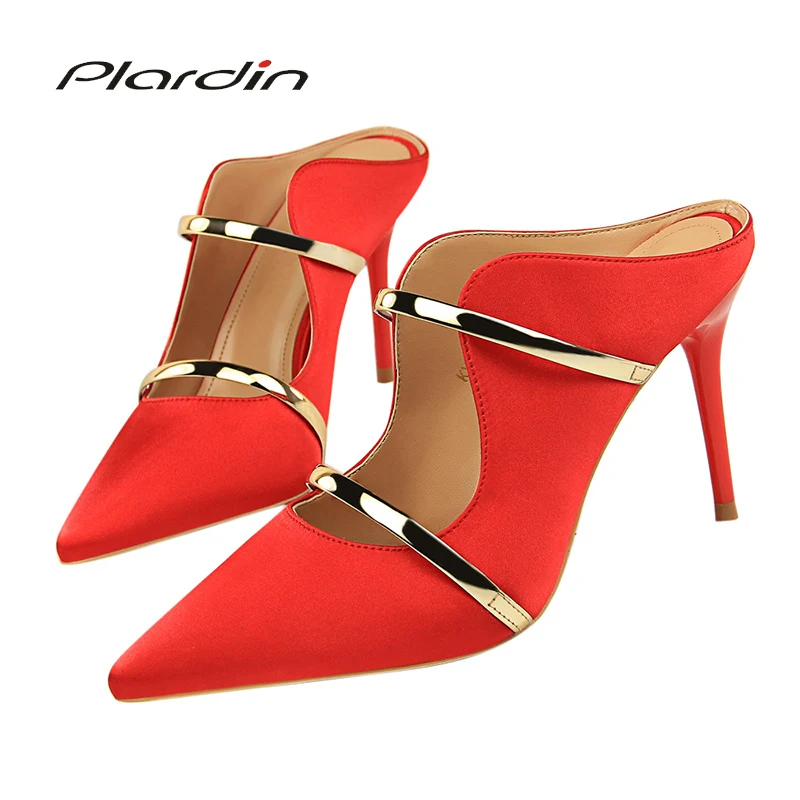 

Plardin New Silk Thin High Heel Pumps Women High Heels Shallow Metal Color Platform Pumps wmoan Sexy Party Wedding Ladies Shoes